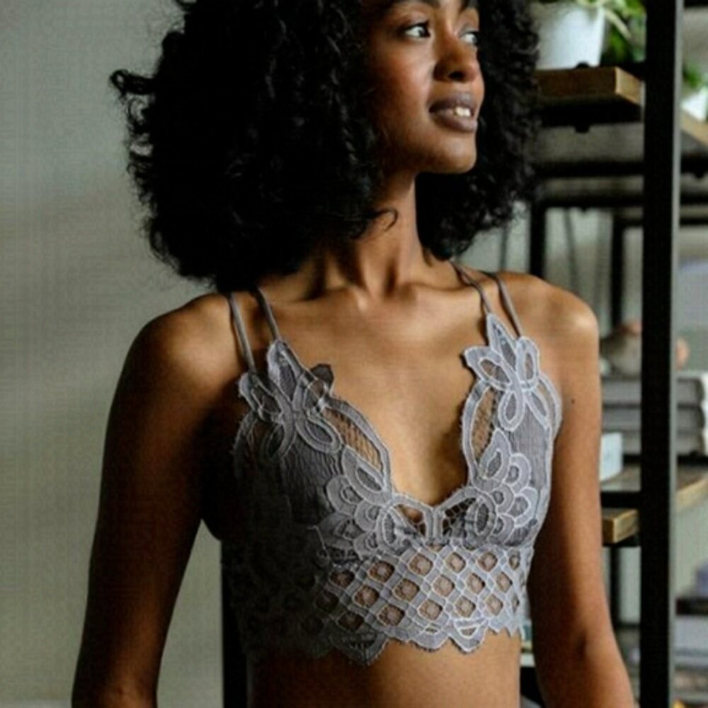 TRÏBE Gray Crochet Lace Longline Boho Bralette Size Medium NWT